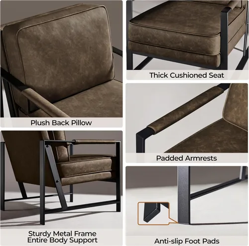 Miniatura 5 de Yaheetech Sillones de piel sintética, silla retro de ocio con acolchado y cojín extrasuave, respaldo inclinado de 105 grados, moderno sillón