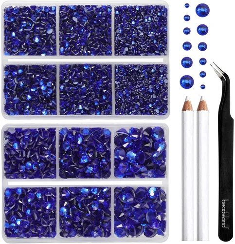 BEADSLAND Hotfix - 6080 diamantes de imitación azul oscuro para ropa y manualidades, mezclados en 6 tamaños con kit de lápiz de cera y pinzas, Zafiro