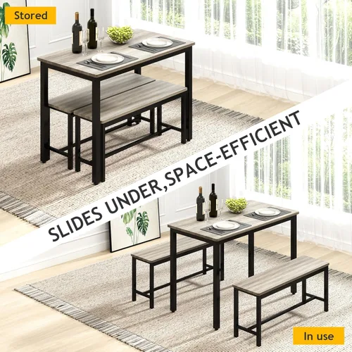 Miniatura 3 de Rovibek Juego de mesa de comedor para 4, mesa de cocina moderna que ahorra espacio con 2 bancos tapizados y pies ajustables, mesa de desayuno