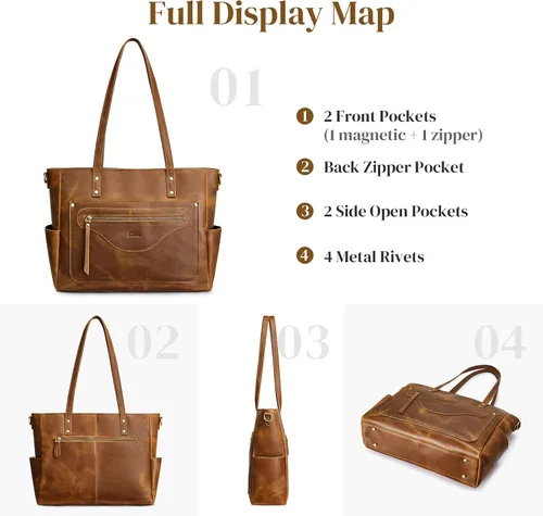 Miniatura 6 de S-ZONE Bolso de mano de cuero genuino para mujer, bolso de hombro grande, bolso de trabajo cruzado vintage