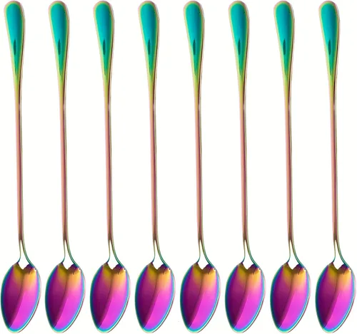 Miniatura 10 de dhrbsx Cuchara de té helado de mango largo, cucharas para mezclar cócteles, cucharas de café de acero inoxidable, cuchara para helado, juego de 8