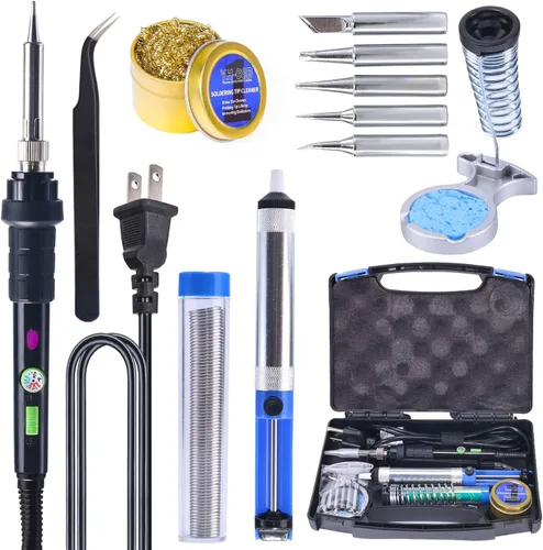 YIHUA 947-III Kit de Soldador de 60W con Temperatura Ajustable con Soporte Adhesivo, Limpiador de Puntas, Esponja de Limpieza, Interruptor de