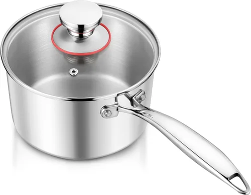 E-far Cacerola de 2 cuartos de galón, sartén de acero inoxidable de tres capas con tapa de vidrio, pequeña olla de inducción de cocción compatible