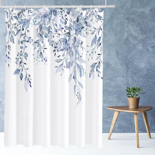 Miniatura 101 de Tititex Spun Sugar - Juego de cortinas de ducha de eucalipto azul claro, hojas de acuarela brillantes en la parte superior, decoración floral