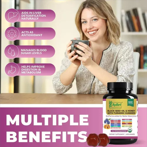 Miniatura 6 de Gomitas de aceite de semillas negras y miel con cúrcuma – Suplemento 16 en 1 con vitaminas D3, B12, biotina y zinc – USDA orgánico, halal, vegano