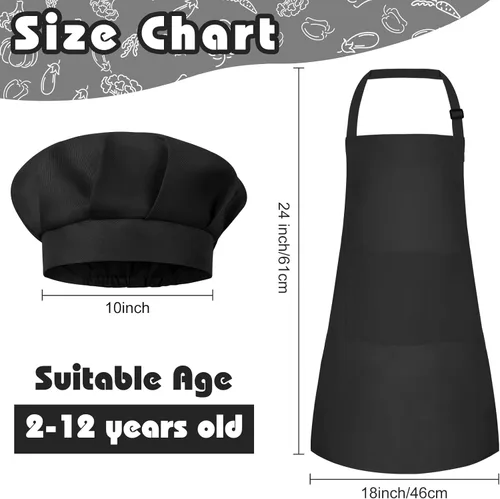 Miniatura 2 de Conjunto de Delantal y Gorro de Chef para Niños, Delantal Infantil Ajustable con 2 Bolsillos, para Niños Chef y Pintura, Cocinar, Hornear