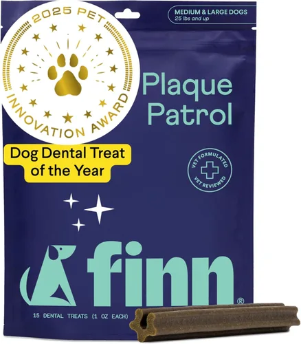 Finn Plaque Patrol Masticables Dentales | Defensa de triple acción contra la placa, el sarro y el mal aliento | para perros medianos/grandes, 25+