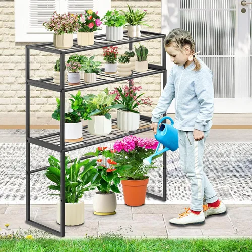 Miniatura 8 de Soporte de metal para plantas para interiores y exteriores, 3 niveles en maceta, estante para plantas, estante de exhibición de macetas resistente 3