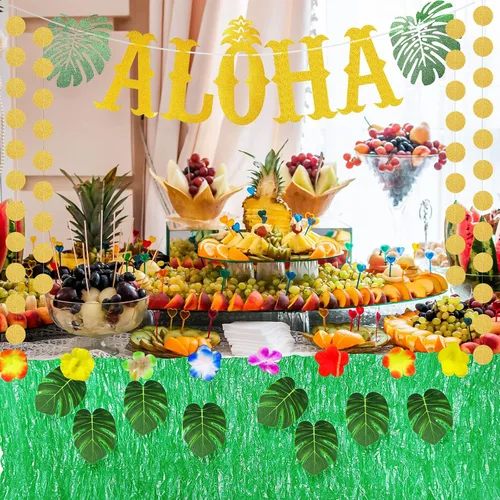 Miniatura 6 de 22 piezas de falda de mesa de hierba hawaiana Aloha decoración de fiesta que incluye pancarta de Aloha brillante hojas verdes tropicales y falda
