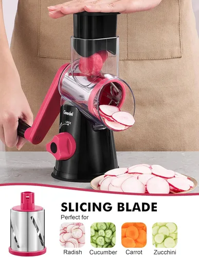 Miniatura 3 de Geedel Rallador rotativo de queso, cortador de verduras de mandolina de cocina con 3 cuchillas intercambiables, fácil de limpiar, rallador giratorio