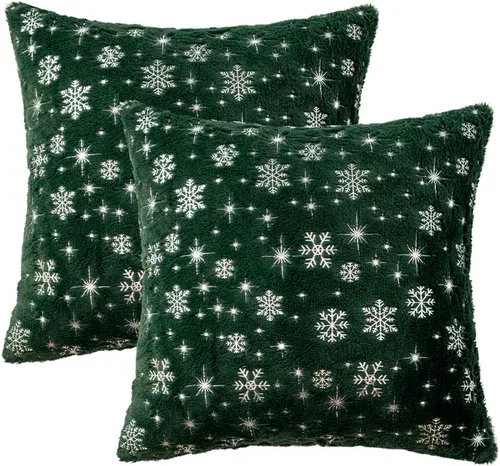 Miniatura 5 de MIULEE - Juego de 2 fundas de cojín decorativas de Navidad, hechas de piel sintética suave con copos de nieve plateados y brillantina, para Verde