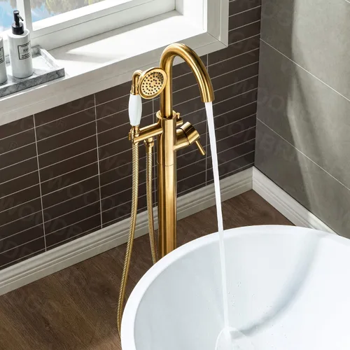 Miniatura 9 de WOODBRIDGE Grifo de llenado de bañera independiente contemporáneo de una sola manija con ducha de mano en acabado dorado cepillado, F0007-BGVT