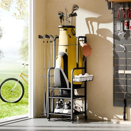 Miniatura 4 de niffgaff Golf Bag Organizer Golfing Storage Stand for Garage Golf Bags Golfing Rack with Wheels Black