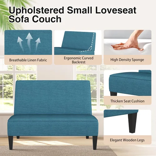 Miniatura 4 de Acolchado Lino sin brazo settee Loveseat sofá Home informal sala dormidor, Tela, Azul