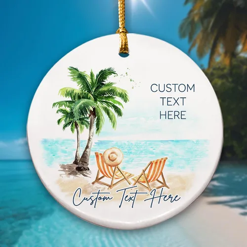 Adorno de Navidad personalizado para parejas - Texto personalizado, lindo adorno de playa, vacación memorable, recuerdo de boda, casados en Hawái en