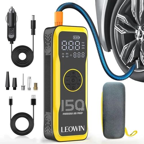 Miniatura 9 de Bomba de aire portátil para neumáticos con medidor digital de presión de neumáticos/luz LED, batería recargable integrada y adaptador de corriente