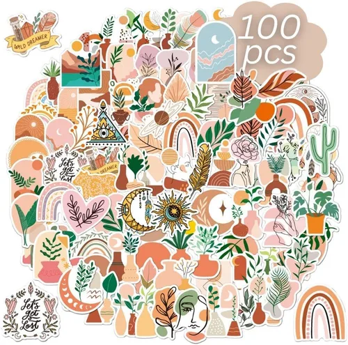 100 calcomanías bohemias, calcomanías estéticas bohemias para botellas de agua, bonitas calcomanías estéticas, calcomanías para Chromebook, paquete