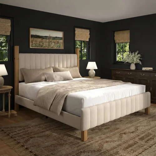 Yechen Base de cama Queen con cabecero, marco de cama de madera con postes de madera maciza, no necesita somier, lino beige Sábanas beige