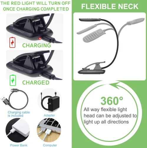 Miniatura 4 de BIGMONAT Luz LED de lectura de libros, luz nocturna de libro ámbar recargable, cuello flexible portátil, USB, brillo ajustable, reduce la fatiga 1