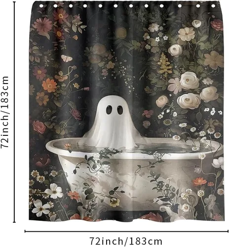 Miniatura 5 de Cortina de ducha de Halloween con diseño de fantasma, para bañera, bosque de flores, cortina de ducha para baño, academia oscura, tina fantasma