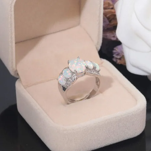 Miniatura 4 de CiNily - Anillo chapado en rodio con ópalo de fuego blanco para mujer, talla 5 12