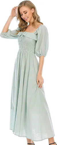 Miniatura 4 de R.Vivimos - Vestidos largos de verano de media manga para mujer, hechos de algodón, con volantes, estilo vintage, elegantes, con espalda descubierta