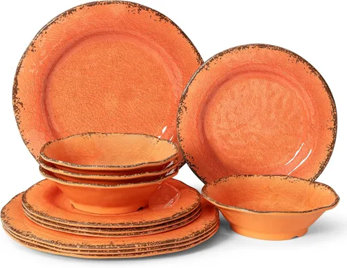 Miniatura 11 de LEHAHA Juego de Vajilla de 12 Piezas de Melamina Vintage Incluye 4 Platos de Cena, 4 Platos de Ensalada y 4 Cuencos, Servicio para 4, Vajilla
