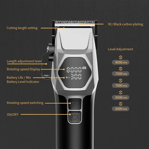 Miniatura 8 de ANGFAN Cortapelos Profesionales Inalámbricos para Hombres - Motor de 5 Velocidades 8000RPM con Cuchillas de Óxido Negro 440C, Kit de Cortapelos
