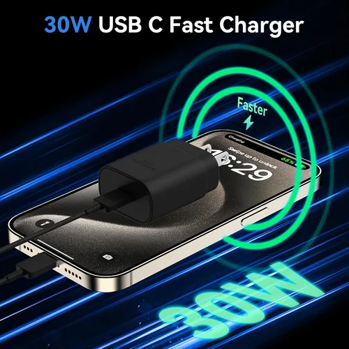 Miniatura 3 de Cargador de teléfono 17, 16, 15, carga rápida, bloque de carga USB C de 30 W con cable de carga C de 6.6 pies de largo para teléfono 17, 16, 15 Pro