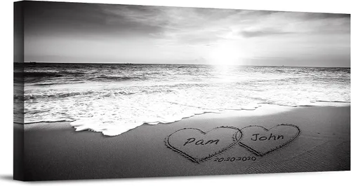 Miniatura 16 de Corazón y corazón en hermoso amanecer fotos personalizadas únicas o impresiones en lienzo con nombres de pareja y fecha especial en la playa, regalo