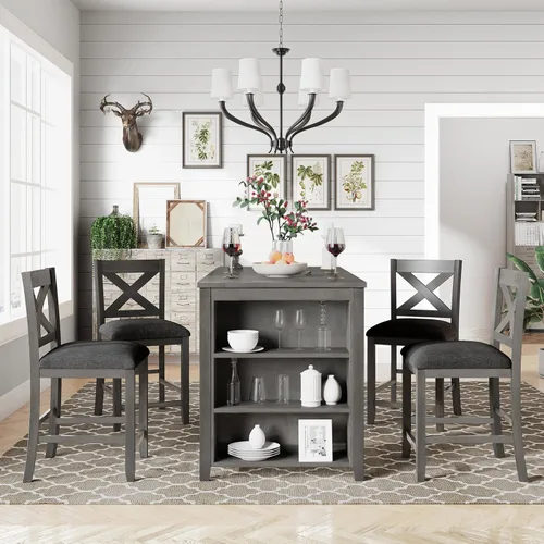 Miniatura 3 de Merax Juego de mesa de comedor de 5 piezas con almacenamiento, juego de mesa de comedor de granja para 4, juego de mesa de cocina con 4 sillas