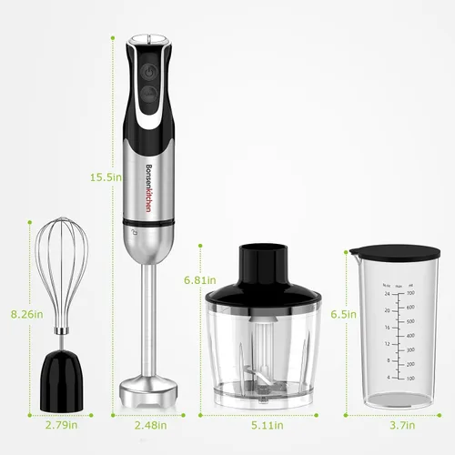 Miniatura 13 de Bonsenkitchen Batidora de inmersión 4 en 1 de mano con procesador de alimentos, batidora de mano de 12 velocidades con modo turbo, hoja de acero