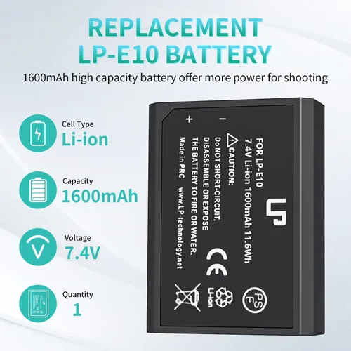 Miniatura 2 de LP LP-E10 Batería recargable, cargador compatible con Canon EOS Rebel T7, T6, T5, T3, T100, 4000D, 3000D, 2000D, 1500D, 1300D, 1200D, 1100D y más 1