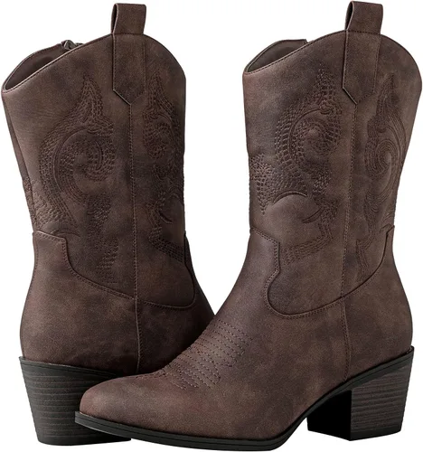 Miniatura 2 de GLOBALWIN Botas vaqueras occidentales de media pantorrilla para mujer, botas vaqueras de moda para mujer, tacón bajo grueso