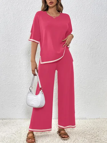 Miniatura 8 de SuperPrity Conjunto de suéter para mujer de 2 o 3 piezas, de manga cortalarga, suéter de punto, de cintura alta, pantalones de pierna ancha