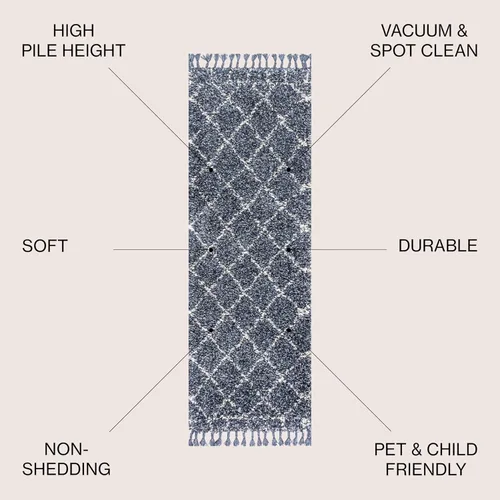 Miniatura 2 de JONATHAN Y Mercer Shag - Alfombra de pasillo de felpa con borlas, azul/crema, 2 x 8 pulgadas, enrejado geométrico marroquí, fácil limpieza para sala