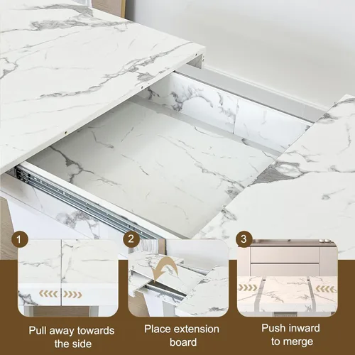 Miniatura 5 de Juego de mesa de comedor de mármol sintético blanco para 6 personas, juego de mesa de comedor extensible de 7 piezas de 63 a 78.74 pulgadas con 6