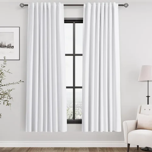 Miniatura 77 de Cortinas de lino 100% opacas para dormitorio, 102 pulgadas de largo, con pestaña trasera, bolsillo para barra, paneles acústicos con aislamiento