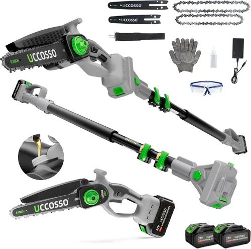 Sierras de poste eléctricas 3 en 1 para poda de árboles, mini motosierra inalámbrica de 6 y 8 pulgadas con poste de extensión, motor sin escobillas