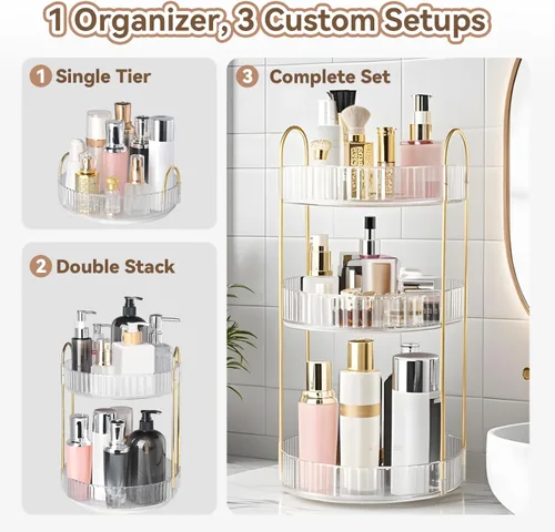 Miniatura 7 de Organizador de maquillaje giratorio de 360° para tocador, organizadores de perfumes de 3 niveles, organizadores de cuidado de la piel y Transparente