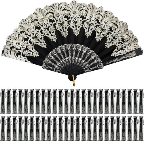 Geelin - 50 piezas de abanicos de encaje plegables de mano para mujeres con bolsa de organza, abanicos europeos retro de encaje plegados para novia,