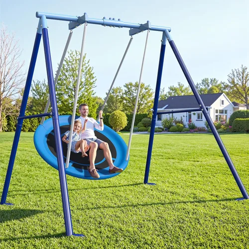 Miniatura 10 de Juego de columpios para niños 5 en 1 para patio trasero con trampolín, soporte de marco en A resistente de 880 libras, soporte de metal