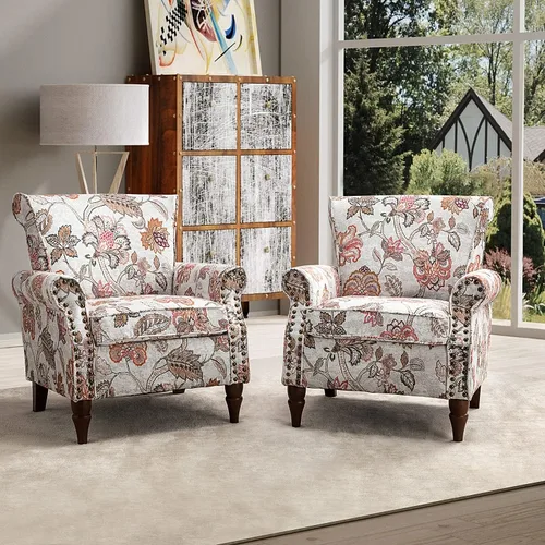 Miniatura 9 de HULALA HOME Silla moderna con respaldo de alas con patas de madera y cojín extraíble, cómodo sillón tapizado con ribete de cabeza de clavo, sofá