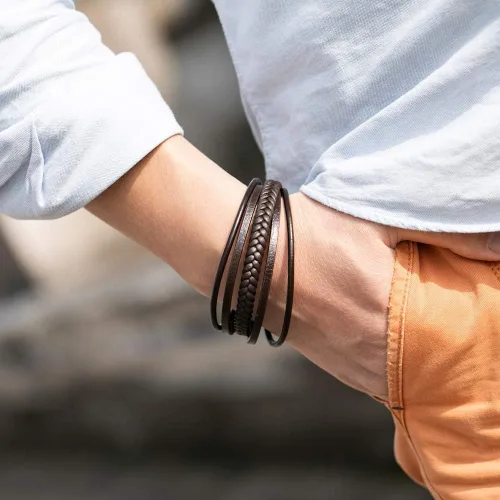 Miniatura 5 de murtoo Pulsera de cuero para hombre con cierre de piel de vaca multicapa trenzada pulsera para hombre