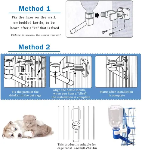 Miniatura 3 de Andiker Botella de agua para perros para jaula, dispensador de agua para perros sin goteo de 11.8 fl oz, ajustable y desmontable, instalado