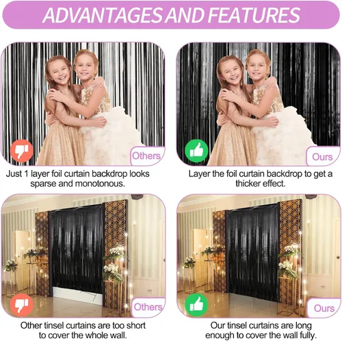 Miniatura 3 de Crosize Paquete de 2 Cortinas de Fondo de Flecos de Papel Metálico Negro de 3.3 x 9.9 pies, Cortinas de Fondo de Serpentinas, Decoraciones de Fiesta