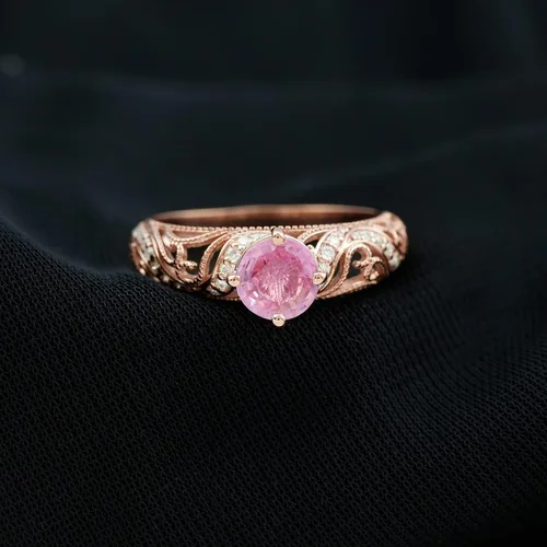 Miniatura 20 de Anillo de compromiso redondo de zafiro rosa cultivado en laboratorio certificado con diamante Calidad AAAA Anillo de estilo vintage para mujer