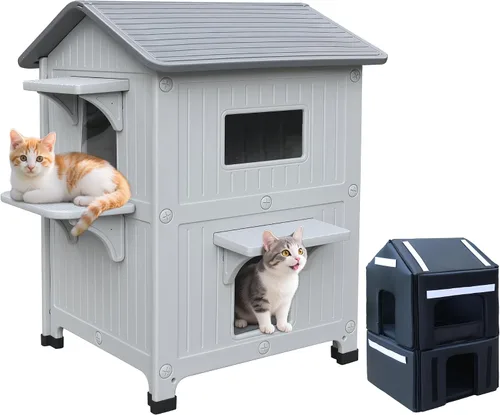 Casa de plástico para gatos al aire libre – Casa para gatos para exteriores con forro aislante para invierno, 100% resistente a la intemperie para