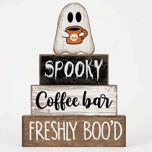Miniatura 90 de Lineshading 4 piezas de decoración de mesa de Halloween espeluznante café apilado, decoración de bloques apilados de madera, letreros con tapa