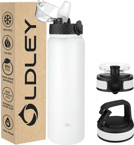 Miniatura 11 de Botella de agua aislada Oldley de 12 oz con pajita, botella de agua de acero inoxidable con 2 tapas, botellas de doble pared con vacío para adultos